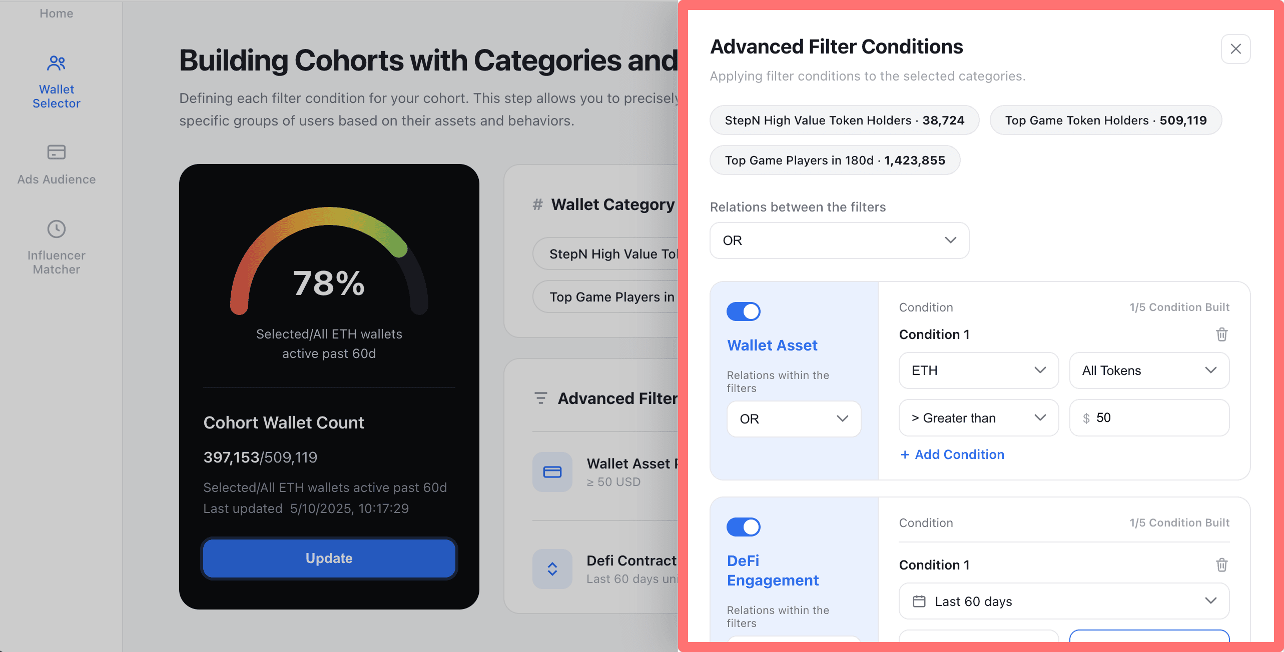 Filter editing and cohort adjustment interface