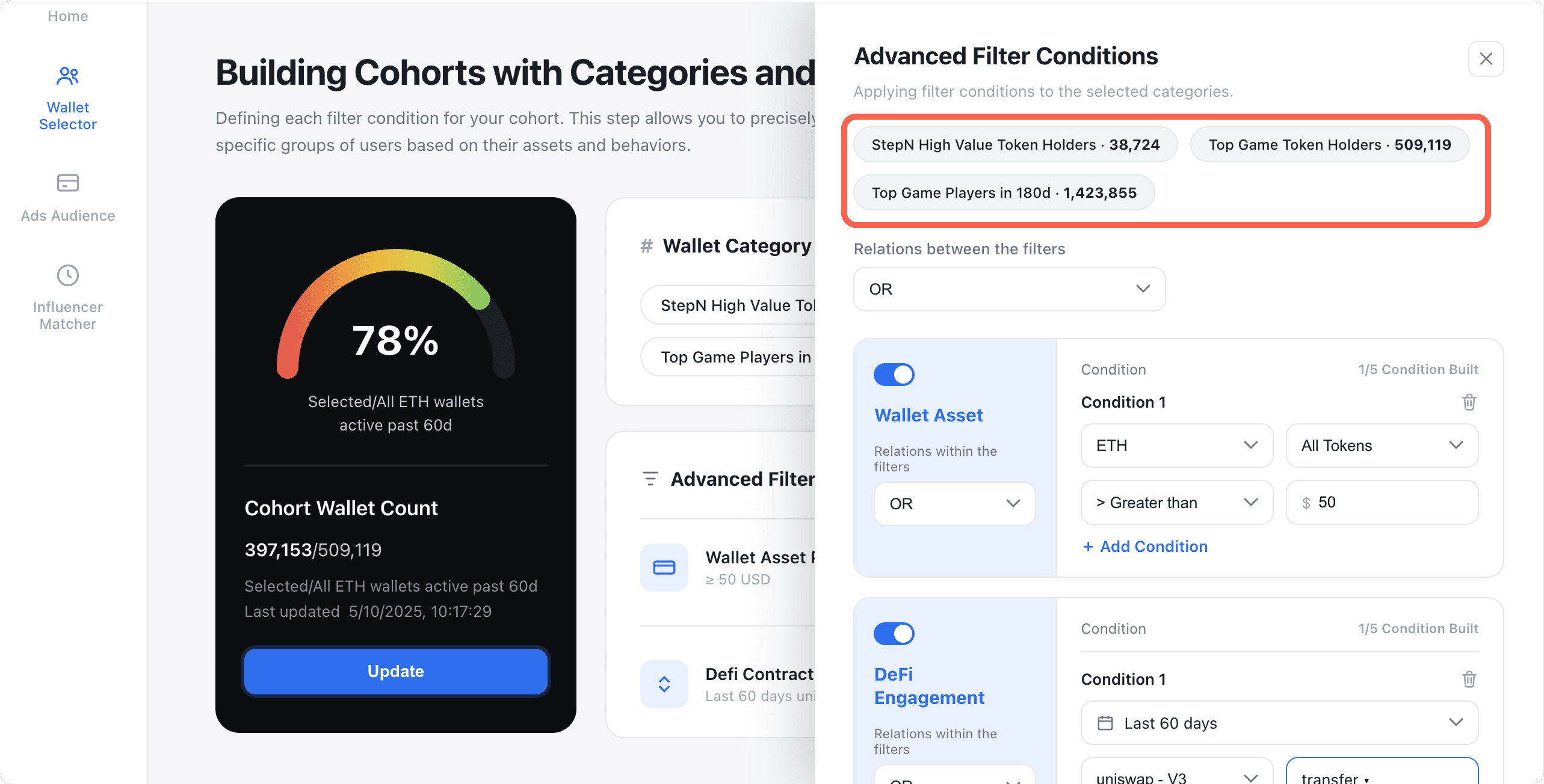 Advanced filter conditions applied on top of a selected cohort category