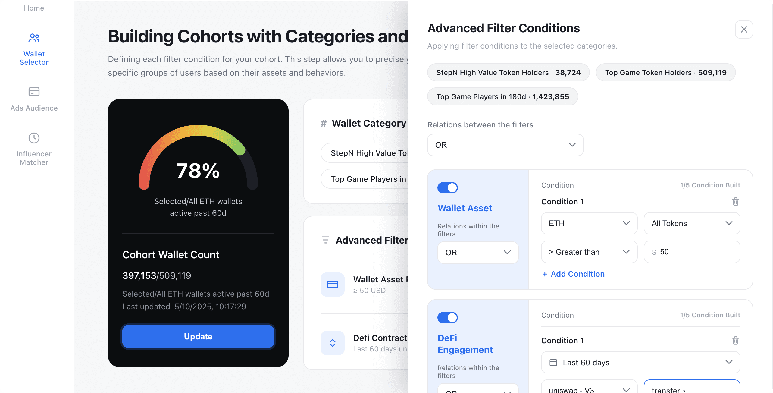 Filter layout for setting cohort conditions