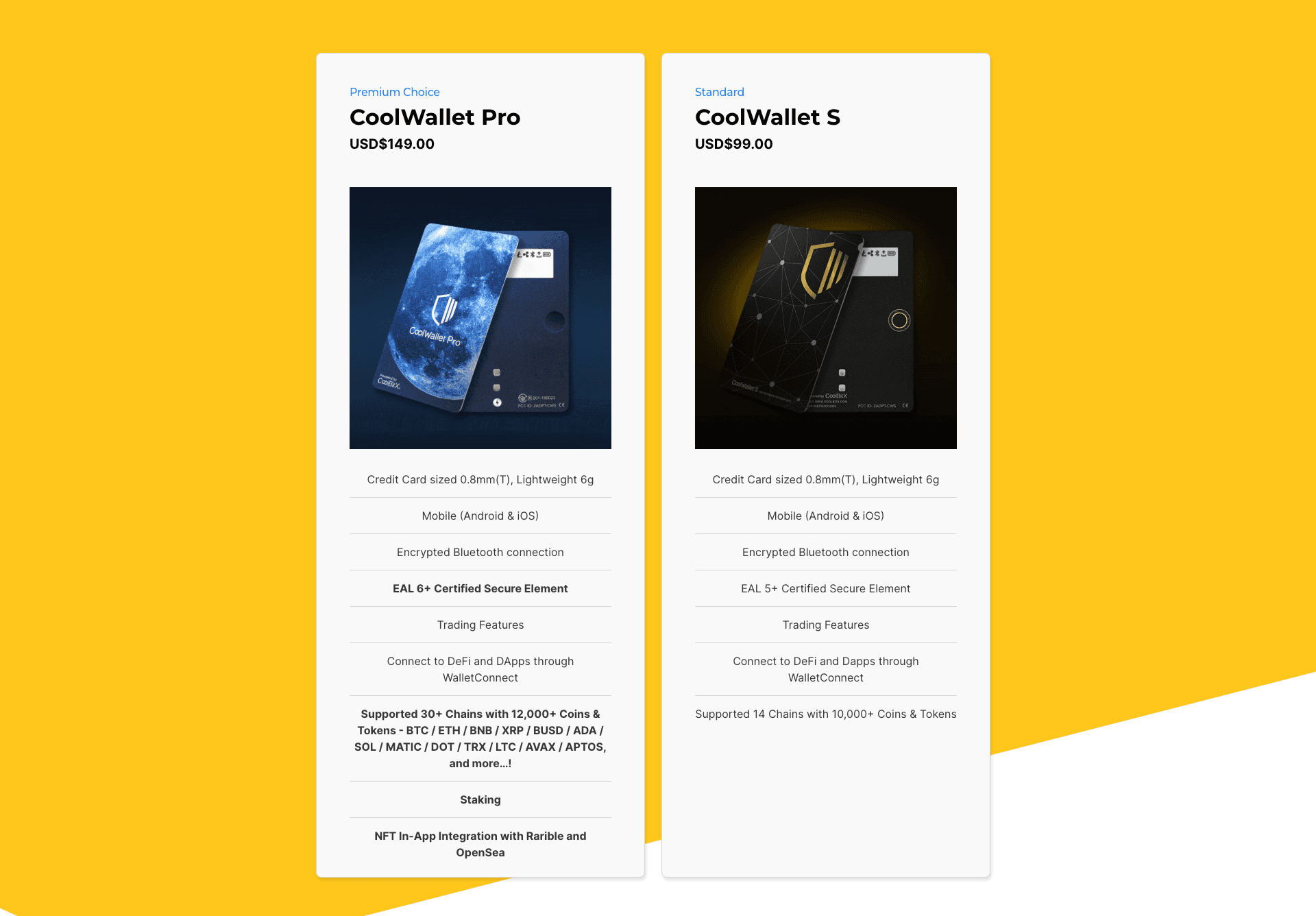 CoolWallet Pro vs. S comparison table