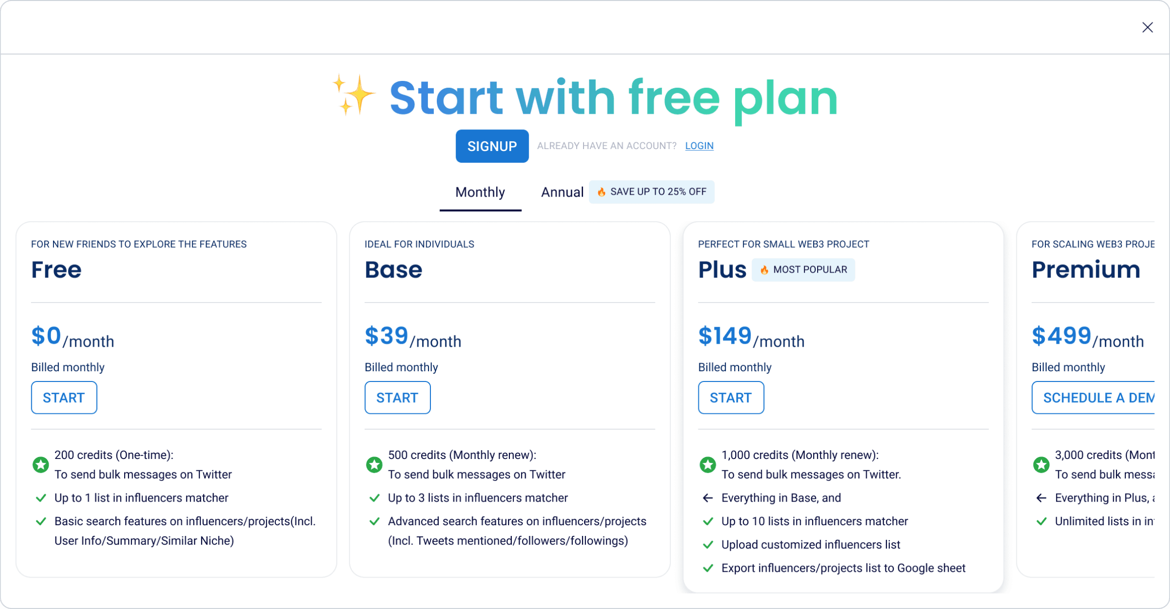Pricing plans for the SaaS product