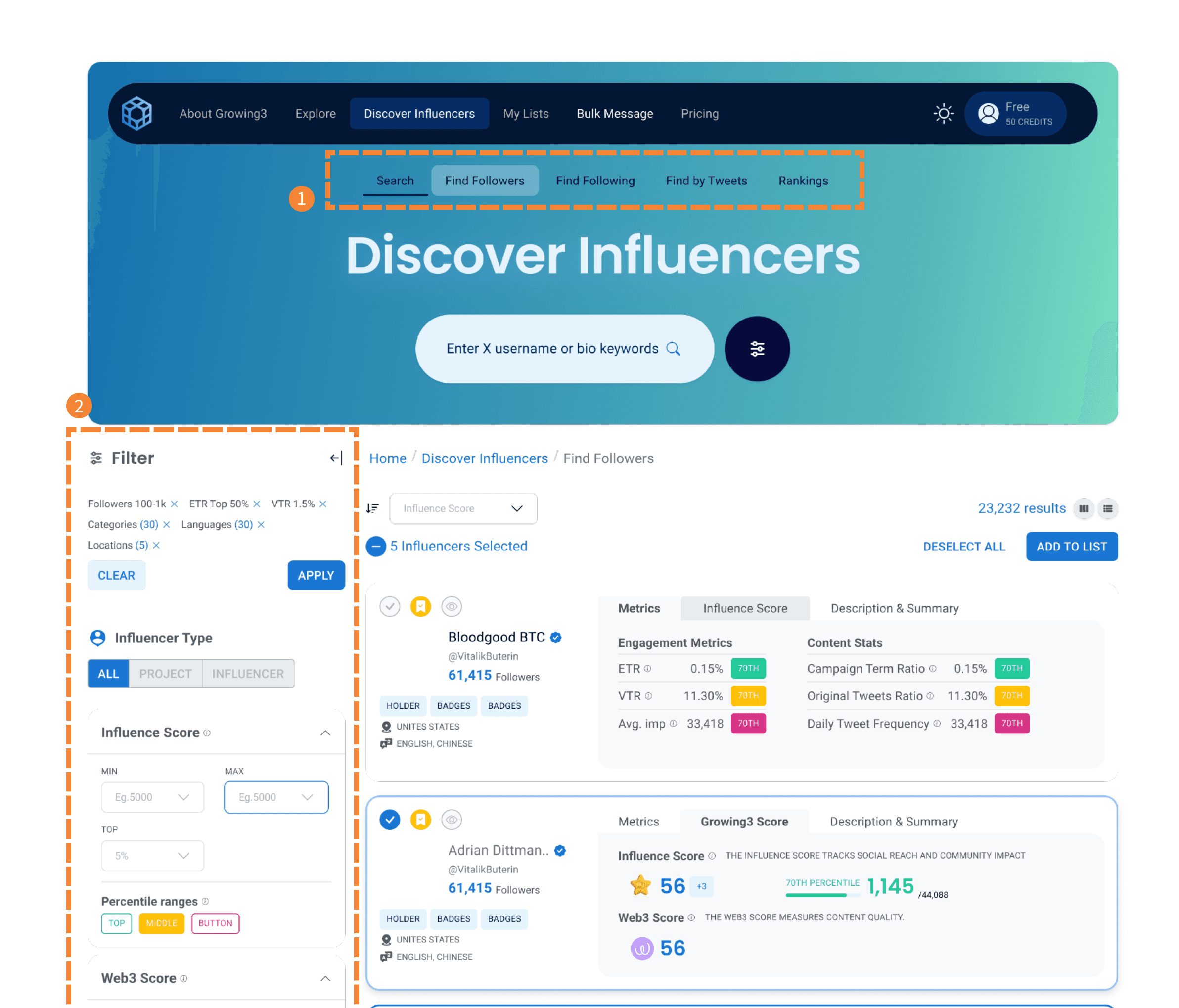 Influencer discovery and search interface