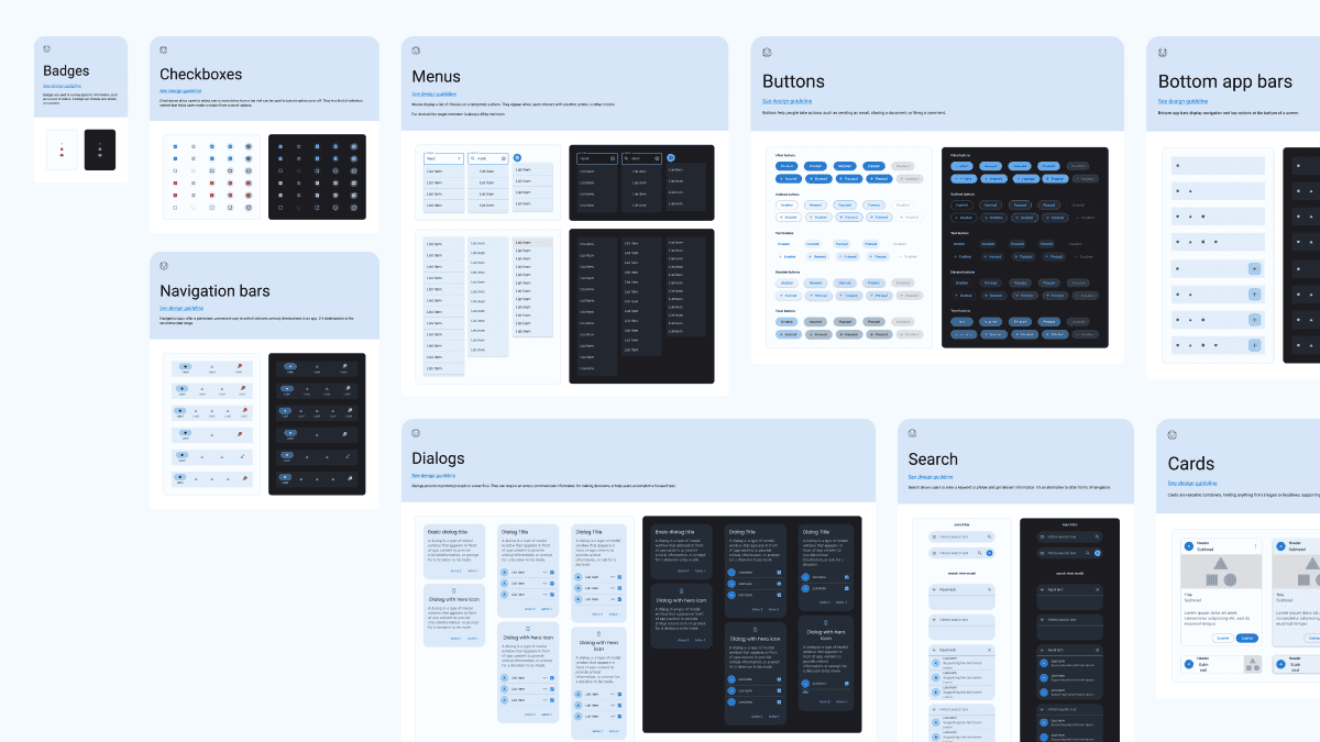 Atomic component library: badges, checkboxes, menus, buttons, bottom app bars, navigation bars, dialogs, search, and cards