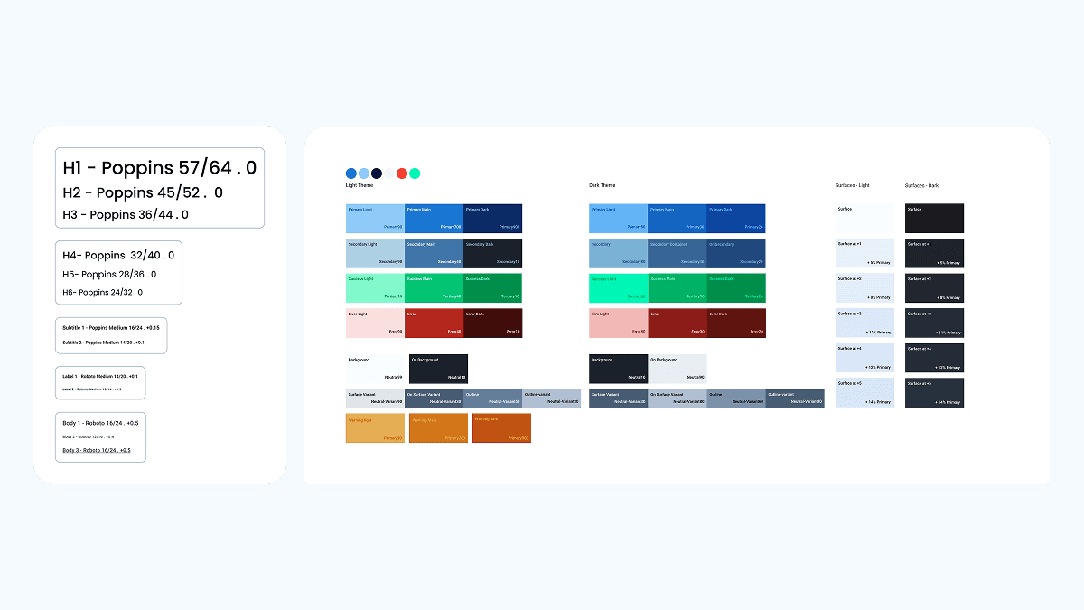 Typography scale and light/dark theme color tokens