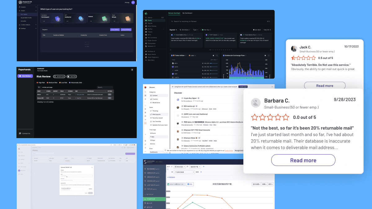Competitor tool screenshots and public customer reviews from G2